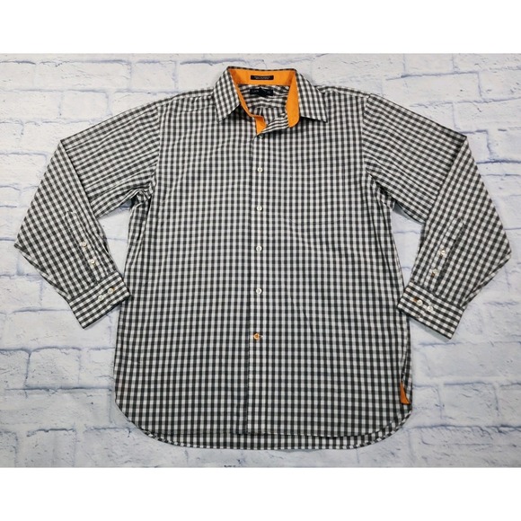 Lands End MENS 15.5 Long Sleeve Button Wrinkle Free Broadcloth Shirt Gray Check - Picture 1 of 10